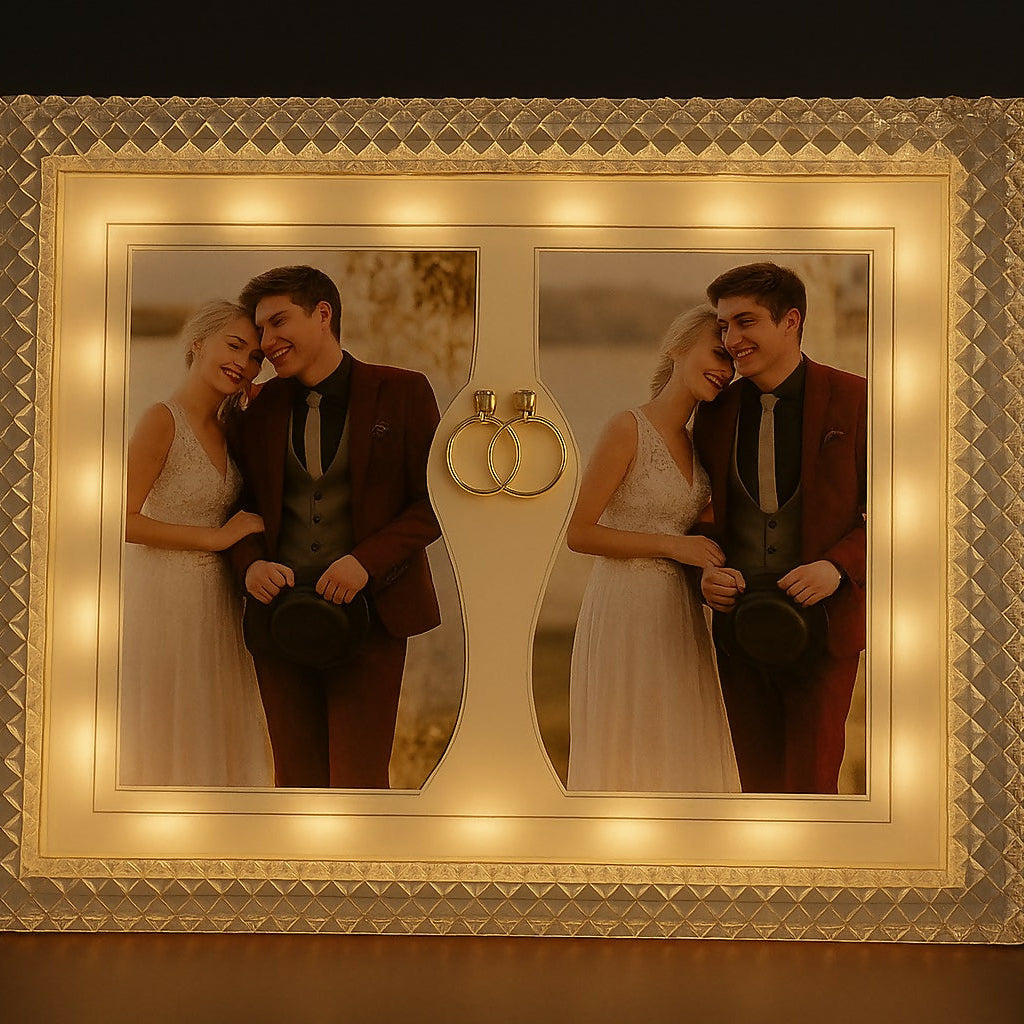 Luxury Double Photo LED Wedding Frame with Crystal Edge and Golden Ring Decor