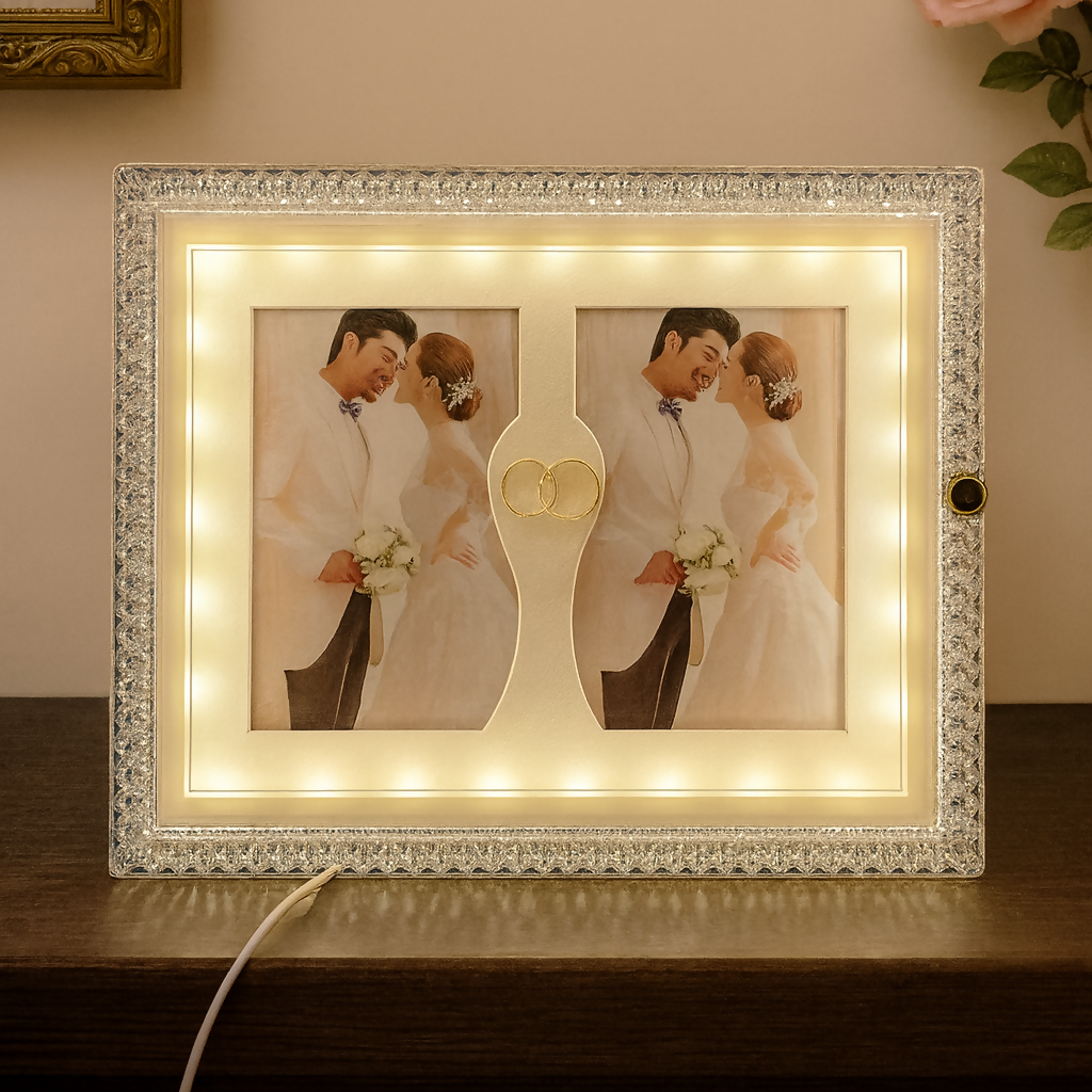 Crystal LED Wedding Photo Frame with Double Photo Slots & Golden Ring Symbol | Sparkling Diamond Border Light-Up Frame for Couple Portraits | Anniversary, Engagement & Romantic Gift Home DÃ©cor