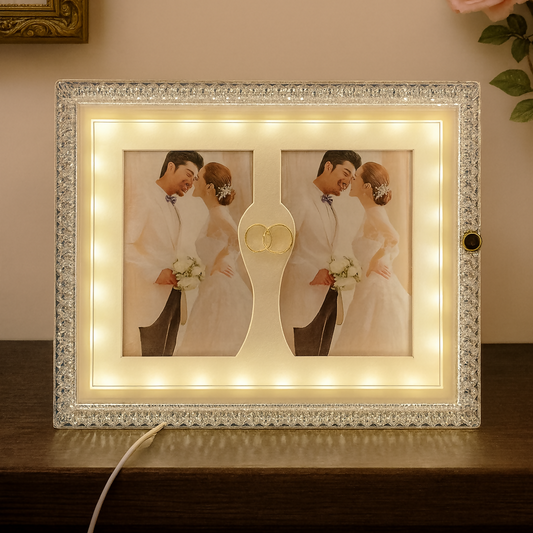 Crystal LED Wedding Photo Frame with Double Photo Slots & Golden Ring Symbol | Sparkling Diamond Border Light-Up Frame for Couple Portraits | Anniversary, Engagement & Romantic Gift Home DÃ©cor