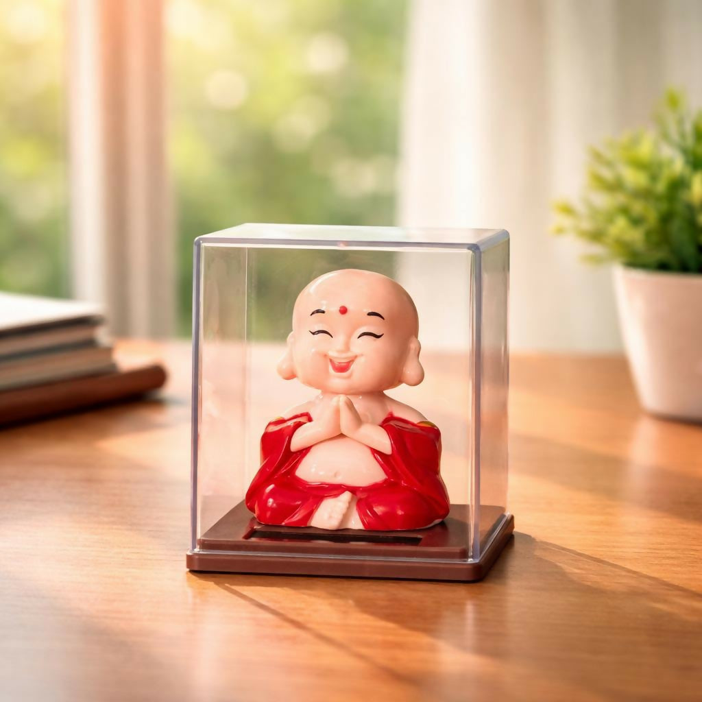 Solar Laughing Monk Bobble Head with Moving Head Display Case (Color may vary)