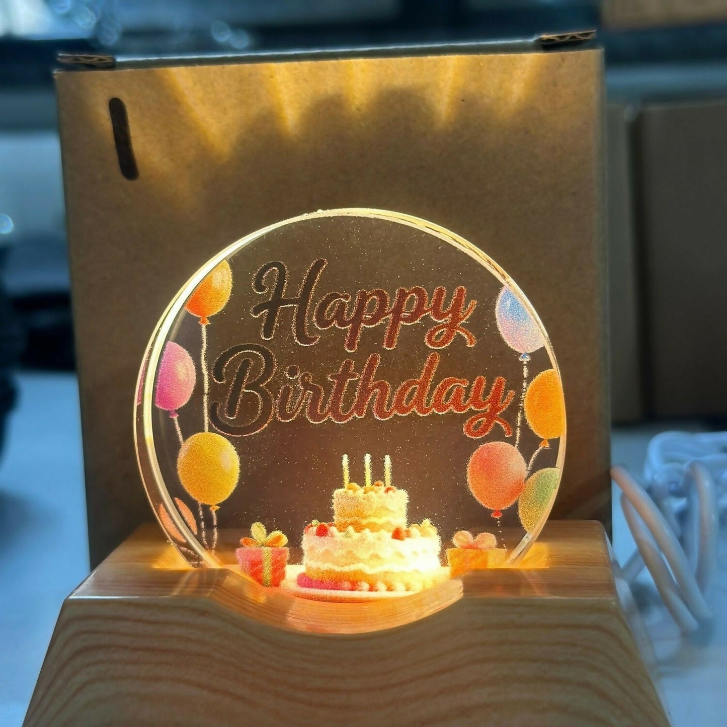 LED Happy Birthday Acrylic Night Lamp with Wooden Base Decor