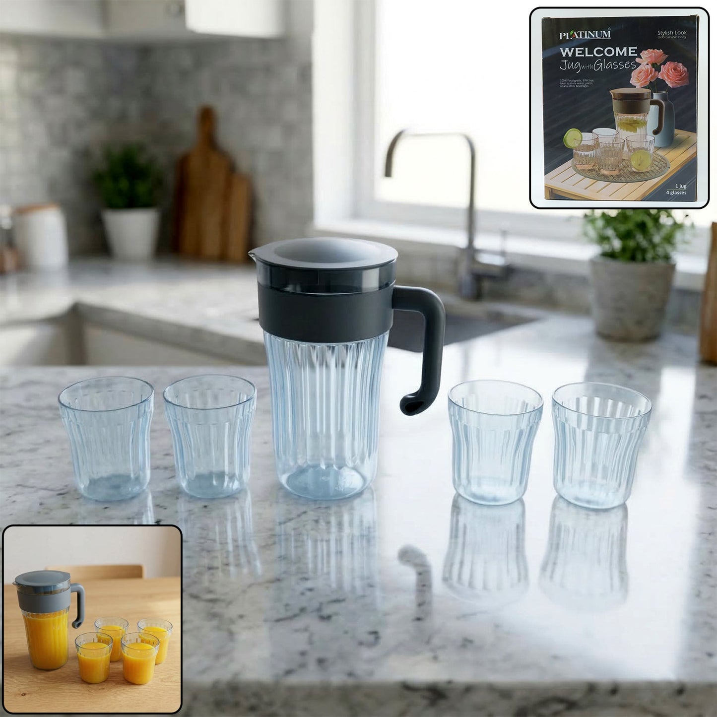Multipurpose Plastic Water Juice Serving Jug with 4 Drinking Glasses Set (1 Set)