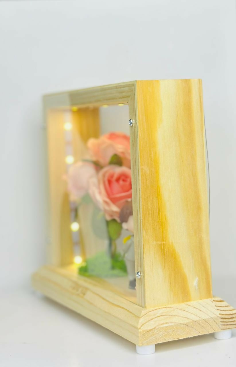 LED Wooden Shadow Box with Pink Rose & Couple Figurines â€“ Gift