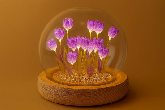 LED Purple Tulip Dome Lamp with Wooden Base for Home Decor