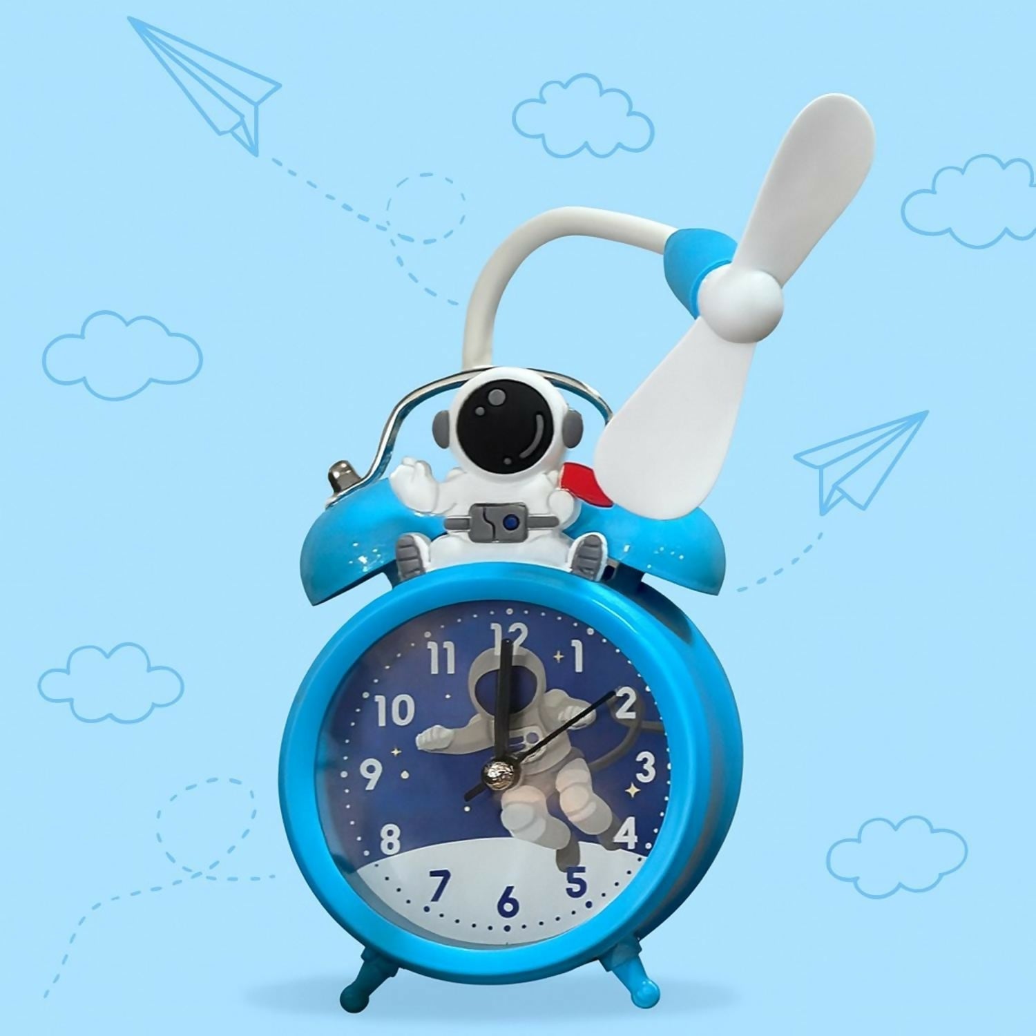 Astronaut Design Kids Alarm Clock with Cooling Fan | Cute Blue Cartoon Space Themed Table Clock for Kids Bedroom, Study Table & Gifting | Silent Analog Quartz Clock with Fan â€“ Battery Operated