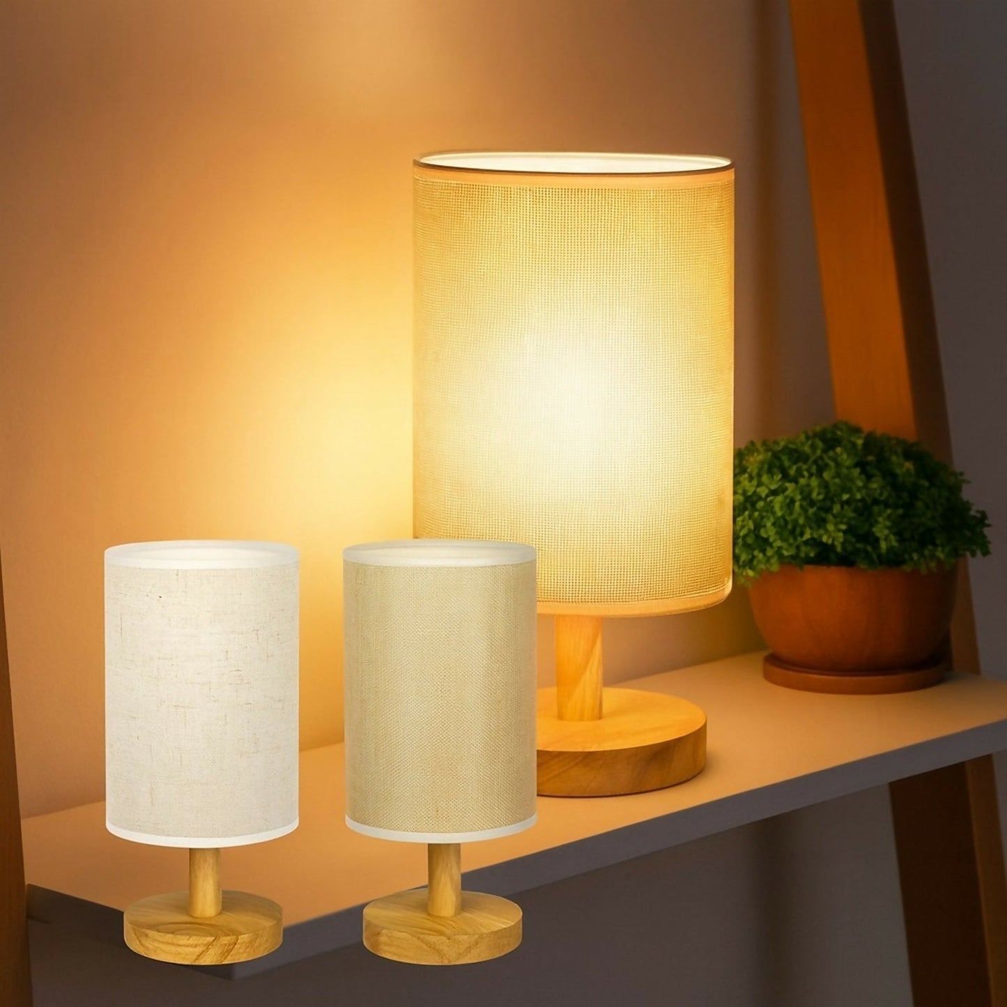 Modern Fabric Shade Table Lamp with Wooden Base for Bedroom & Living Room