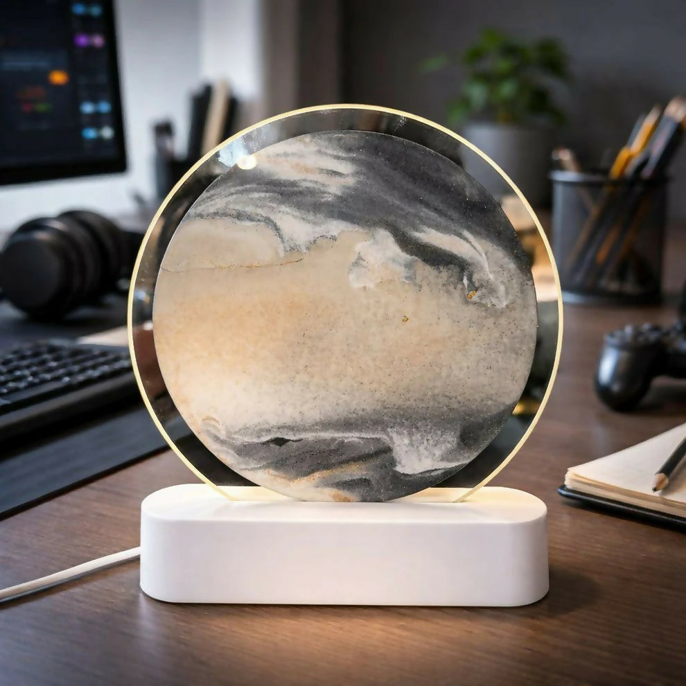 Grey Moving Sand Art LED Lamp Round Decorative Desk Night Light