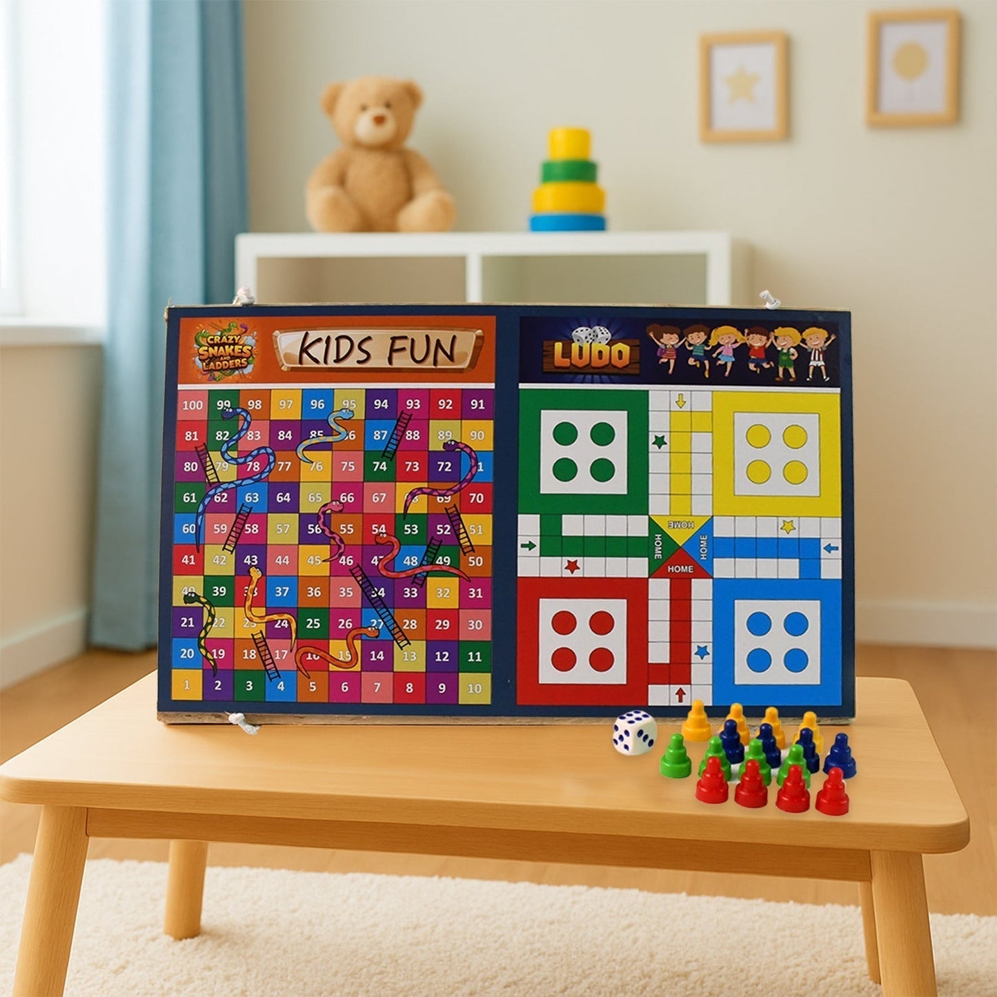 Wooden Board Game Set â€“ Ludo, Snakes & Ladders, and Desktop Football (3-in-1)