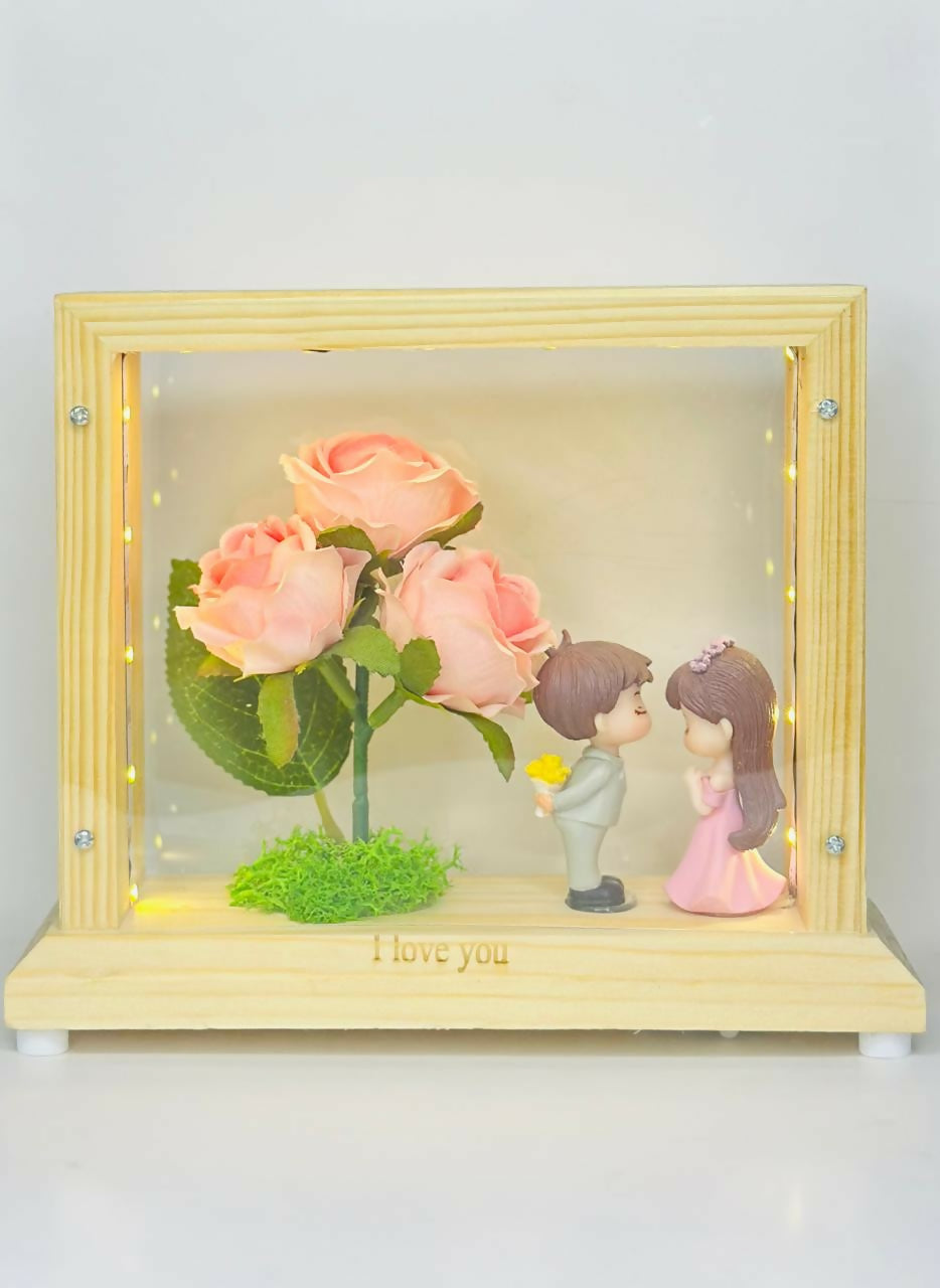 LED Wooden Shadow Box with Pink Rose & Couple Figurines â€“ Gift