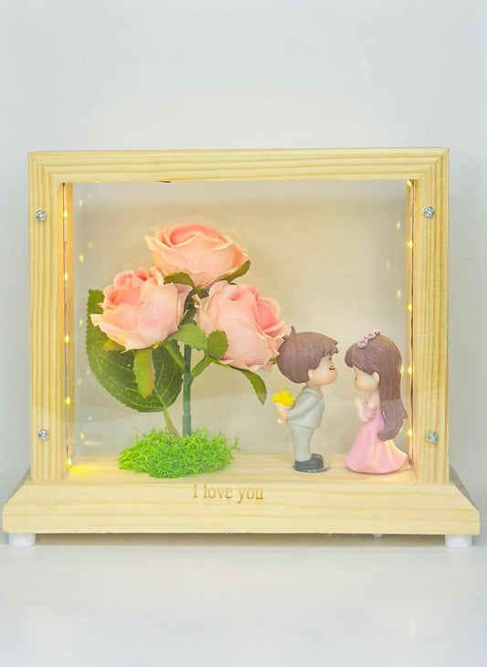 LED Wooden Shadow Box with Pink Rose & Couple Figurines â€“ Gift