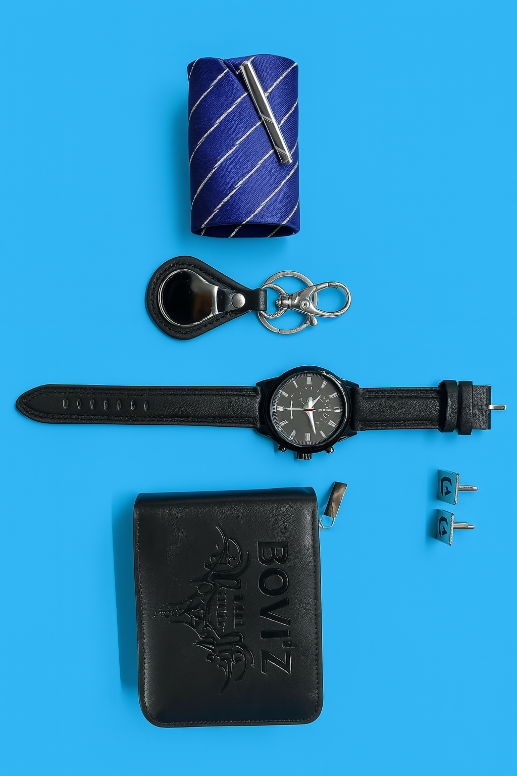 BOVIZ Premium 6-in-1 Menâ€™s Gift Set with Wallet, Wrist Watch, Tie with Pin, Cufflinks, and Keychain | Luxury Formal Accessory Combo for Men | Ideal for Birthday, Anniversary, Festive & Corporate Gifting