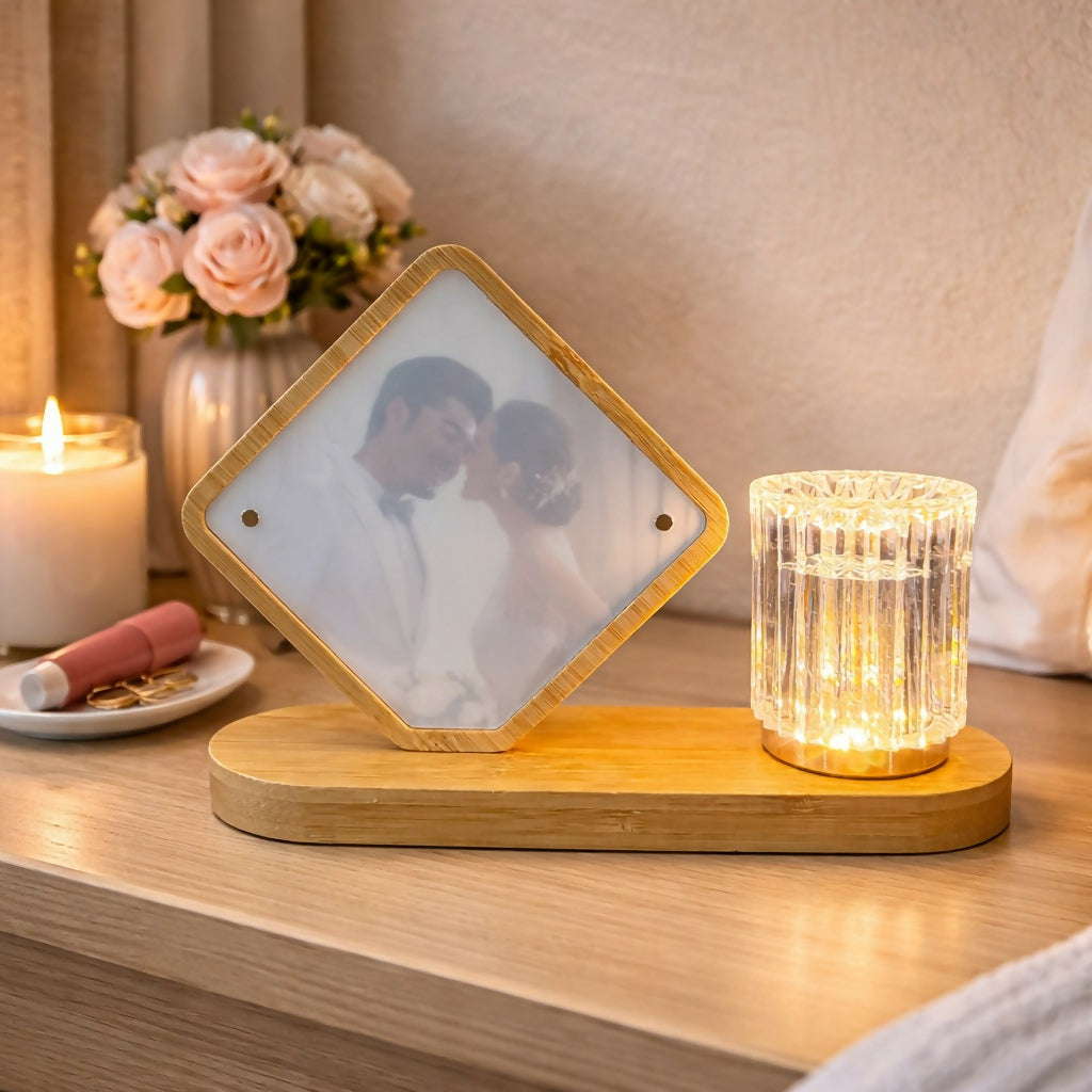 Wooden LED Photo Frame Lamp with Crystal Light Base