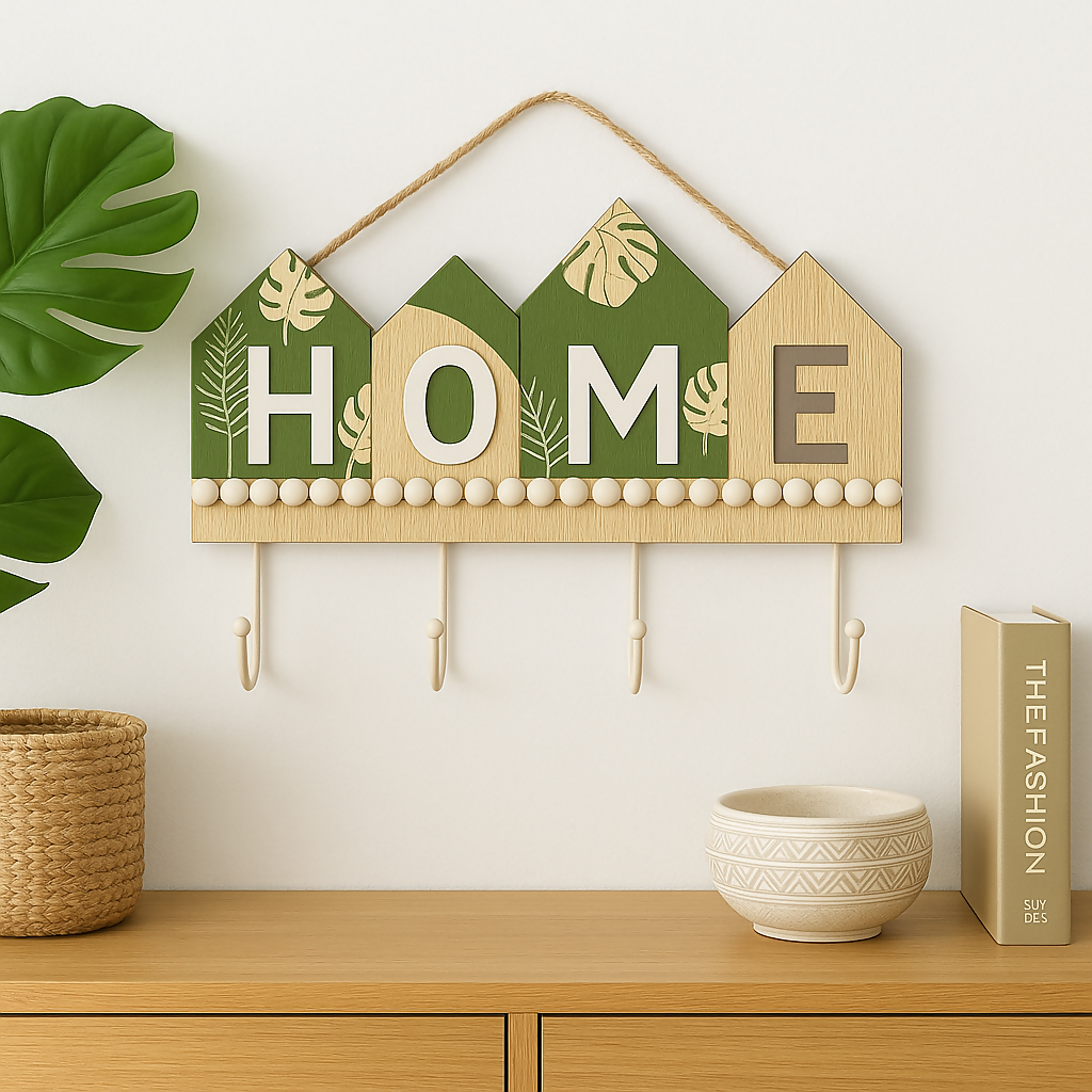 Wooden HOME Key Holder with 4 Hooks â€“ Rustic Entryway Decor