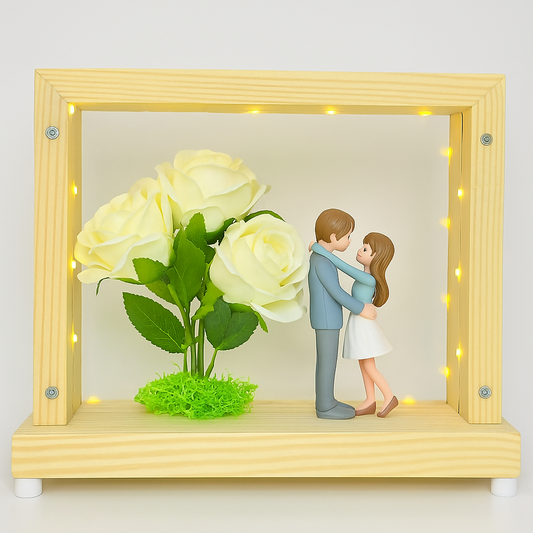 LED Light-Up Wooden Box Frame with Pink Roses & Couple Figurines Romantic Gift
