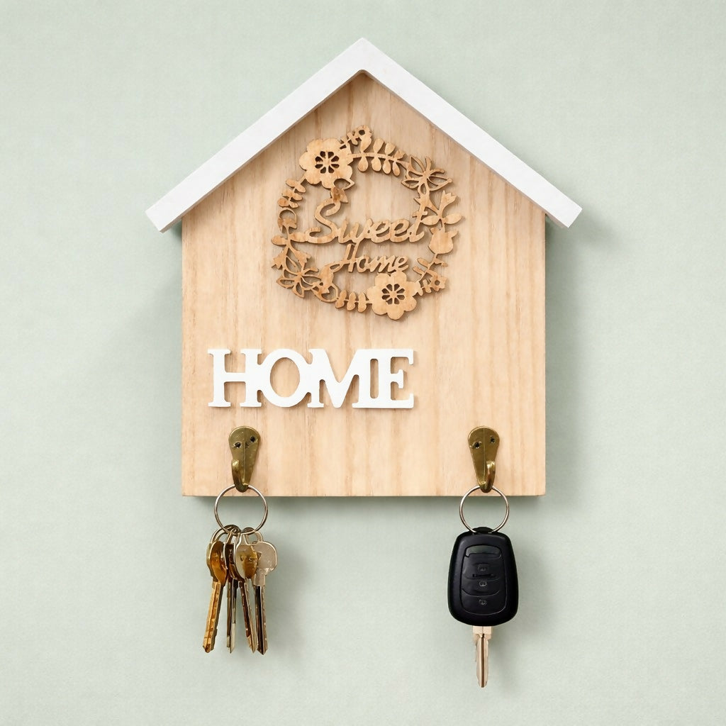 Wooden Home Key Holder Wall Mount with 2 Hooks Organizer