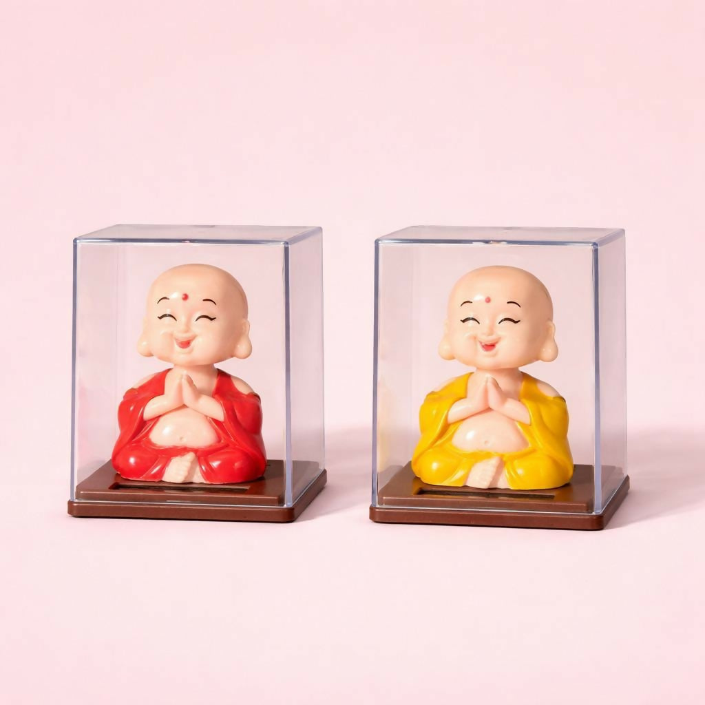 Solar Laughing Monk Bobble Head with Moving Head Display Case (Color may vary)