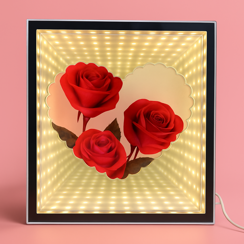 LED Rose Infinity Mirror Light Box | Romantic 3D LED Illusion Heart Shaped Rose Lamp | Decorative Tabletop Night Light for Bedroom, Living Room & Gifts | Valentineâ€™s Day, Anniversary, Wedding, Home DÃ©cor