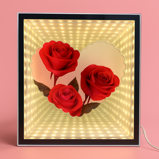 LED Rose Infinity Mirror Light Box | Romantic 3D LED Illusion Heart Shaped Rose Lamp | Decorative Tabletop Night Light for Bedroom, Living Room & Gifts | Valentineâ€™s Day, Anniversary, Wedding, Home DÃ©cor