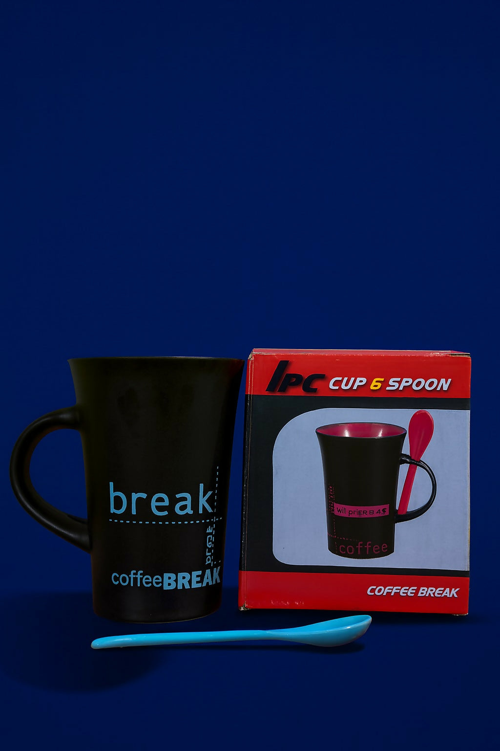 Black Ceramic Coffee Mug with Blue Spoon â€“ Stylish Office Mug