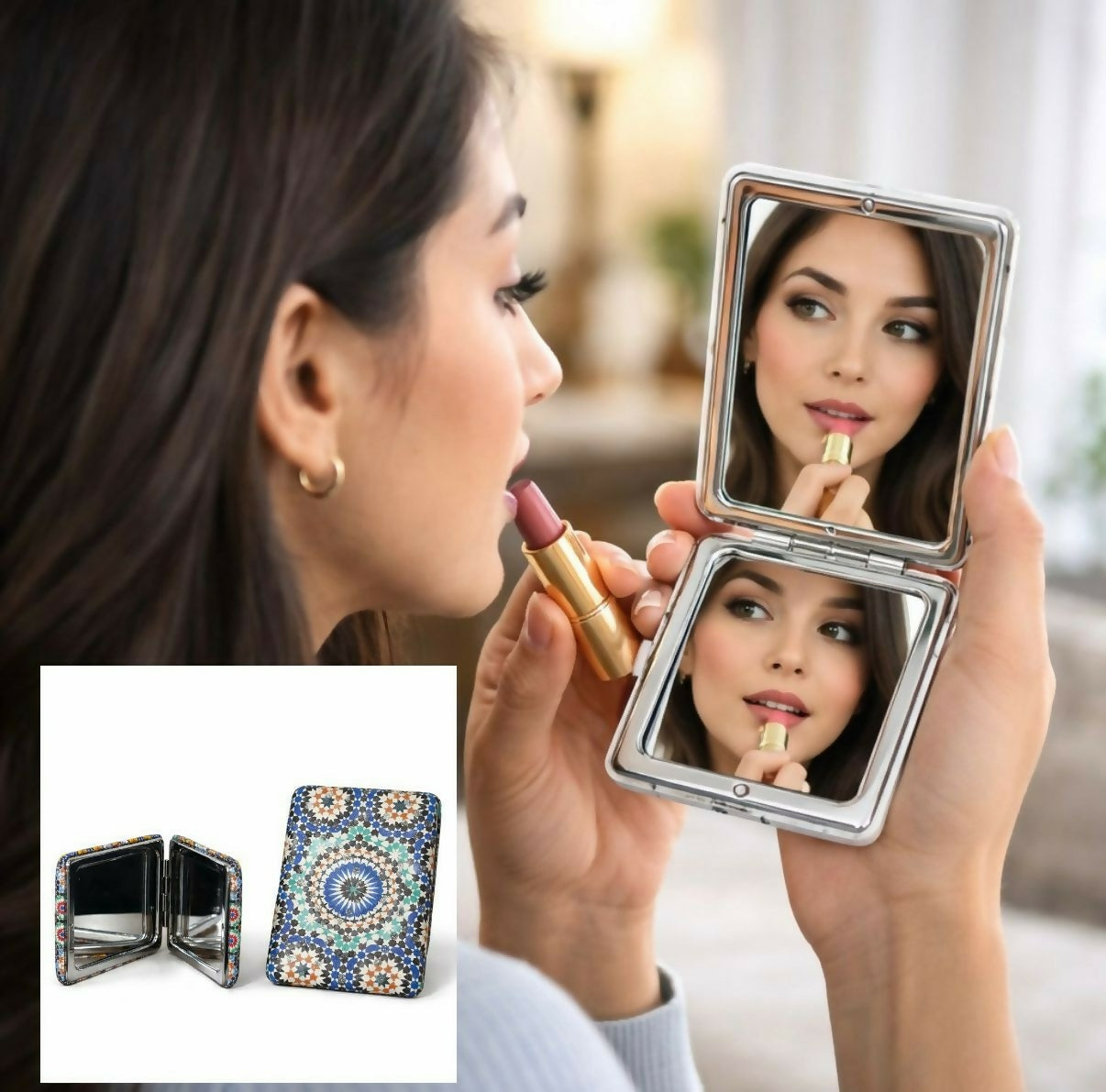 Compact Foldable Pocket Mirror with Elegant Pattern Design