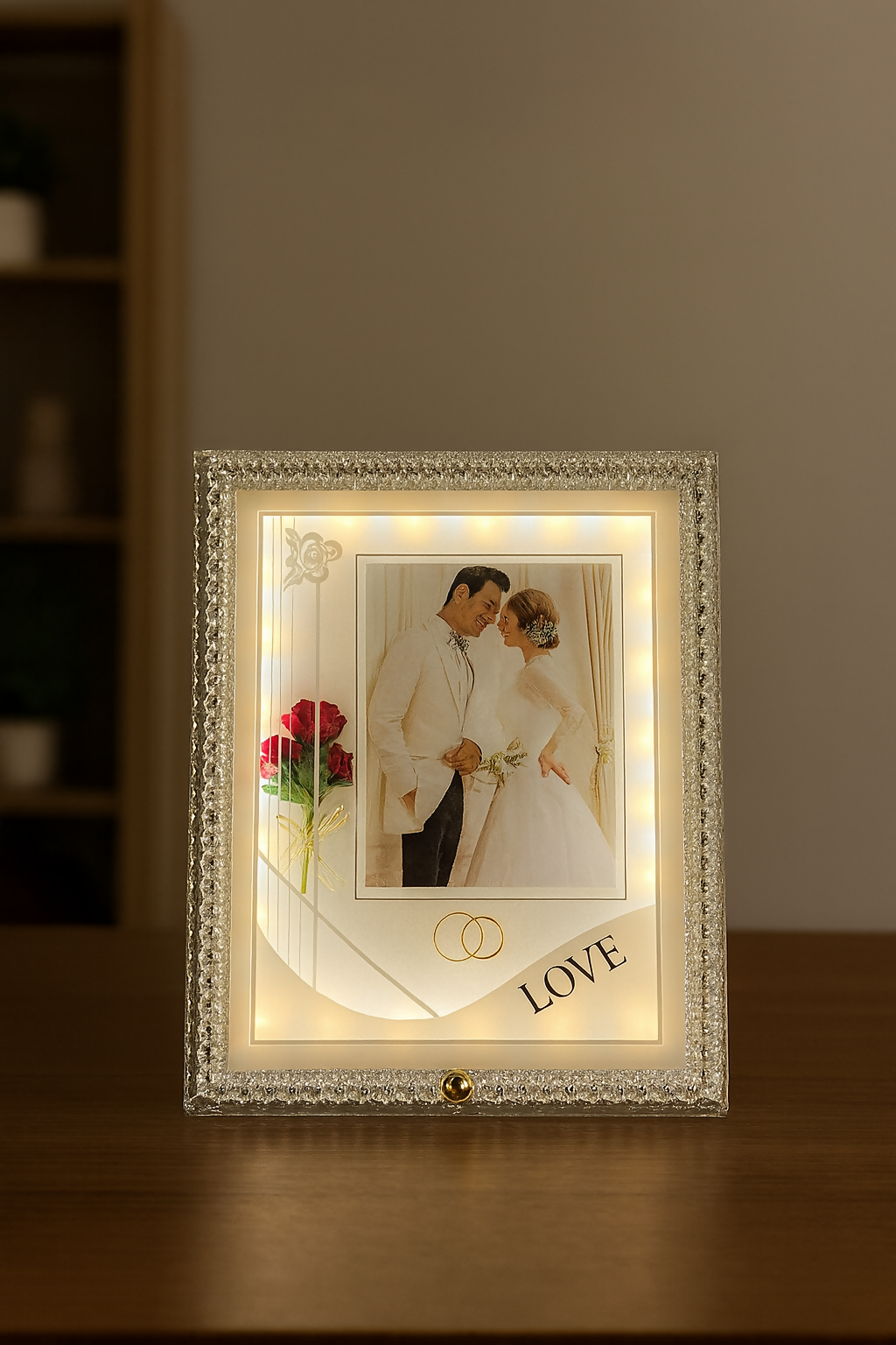 Crystal White LED Wedding Photo Frame | Elegant Square Illuminated Picture Frame with Decorative Floral Design & Rings | 4x6 Inch Couple Photo Frame | Romantic Gift for Wedding, Anniversary, Valentineâ€™s Day & Home DÃ©cor