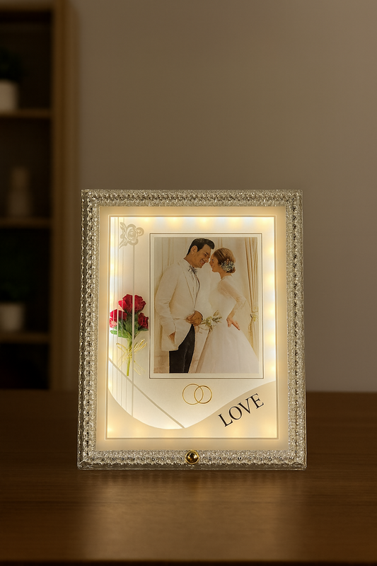 Crystal White LED Wedding Photo Frame | Elegant Square Illuminated Picture Frame with Decorative Floral Design & Rings | 4x6 Inch Couple Photo Frame | Romantic Gift for Wedding, Anniversary, Valentineâ€™s Day & Home DÃ©cor