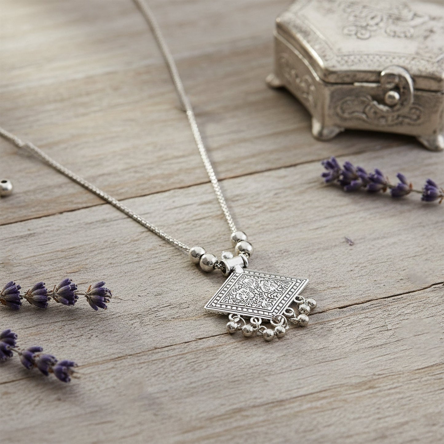Antique Silver-Tone Square Floral Motif Oxidized Pendant Necklace (1 Pc)