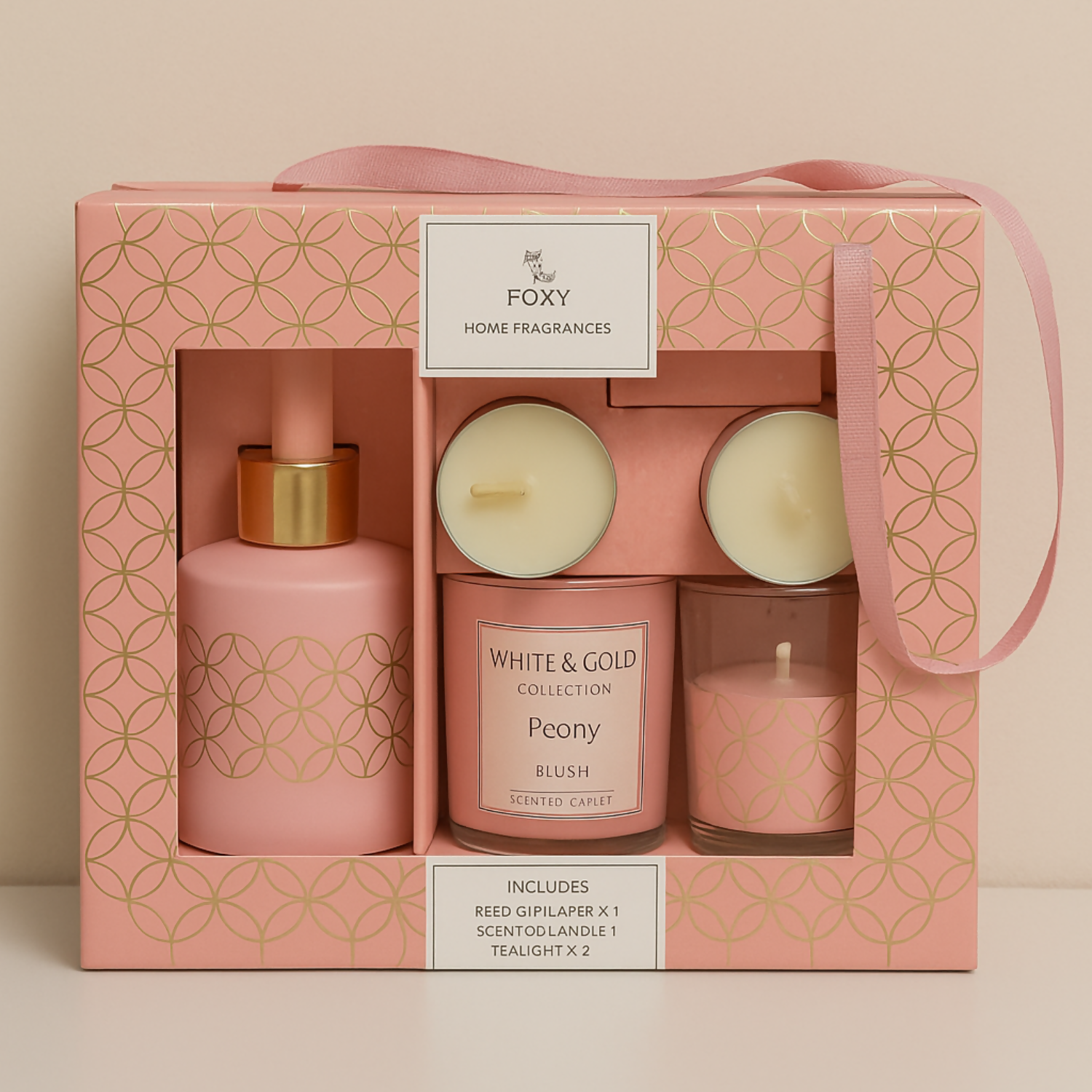 Luxury Peony Fragrance Gift Set with Scented Candle, Reed Diffuser & Tealights