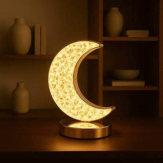 Golden Crystal LED Moon Lamp â€“ 3 Color Modes (White, Warm & Natural Light) â€“ Elegant Crescent Night Light for Bedroom, Table Decor, or Gift â€“ USB Rechargeable Touch Control Moonlight Lamp