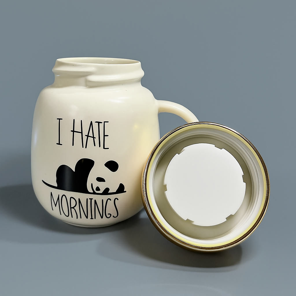 Cute Panda Ceramic Coffee Mug with Golden Lid â€“ â€œI Hate Morningsâ€ Design