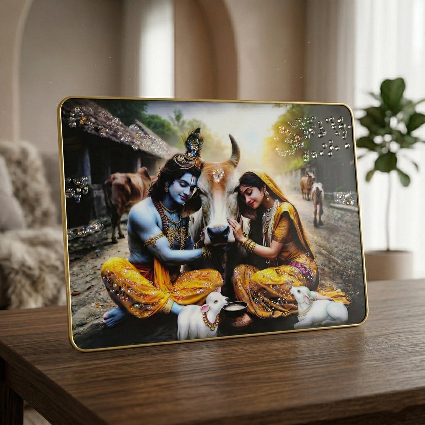 Peaceful Radha Krishna Village Scene Wall Art Frame (1 Pc, 45x30 Cm)