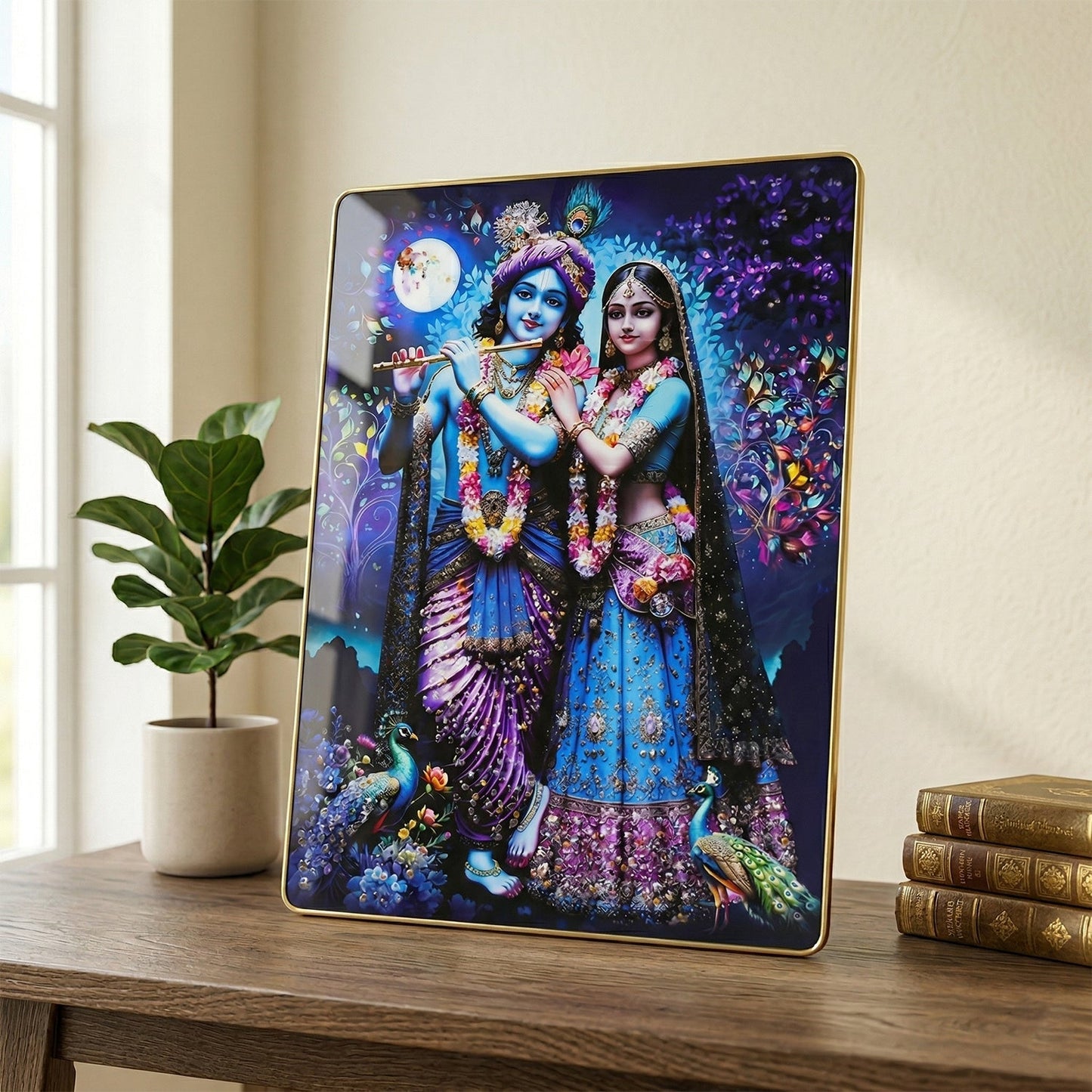 Divine Radha Krishna Moonlight Artistic Wall Frame (1 Pc, 60x45 Cm)