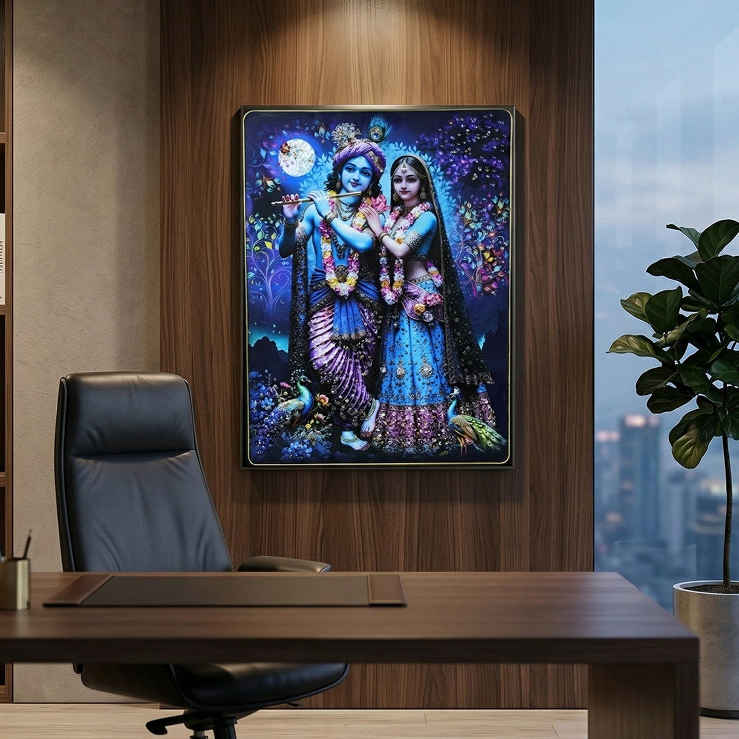 Divine Radha Krishna Moonlight Artistic Wall Frame (1 Pc, 60x45 Cm)