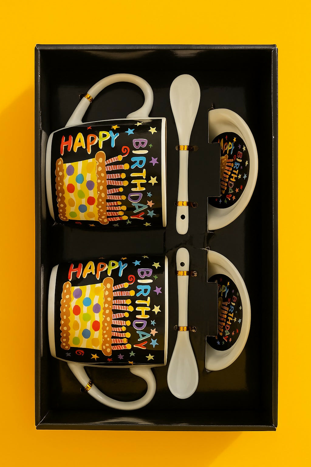 Happy Birthday Ceramic Mug Gift Set â€“ Set of 2 Printed Coffee Mugs with Spoons
