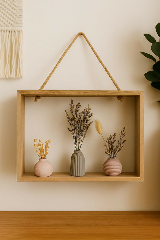 Elegant Minimalist Wooden Frame with Three Ceramic Vases and Dried Flower Arrangement â€“ Rustic Boho Home DÃ©cor Accent for Living Room, Bedroom, Office, or Gift â€“ Nordic Style Tabletop and Wall Display Decoration