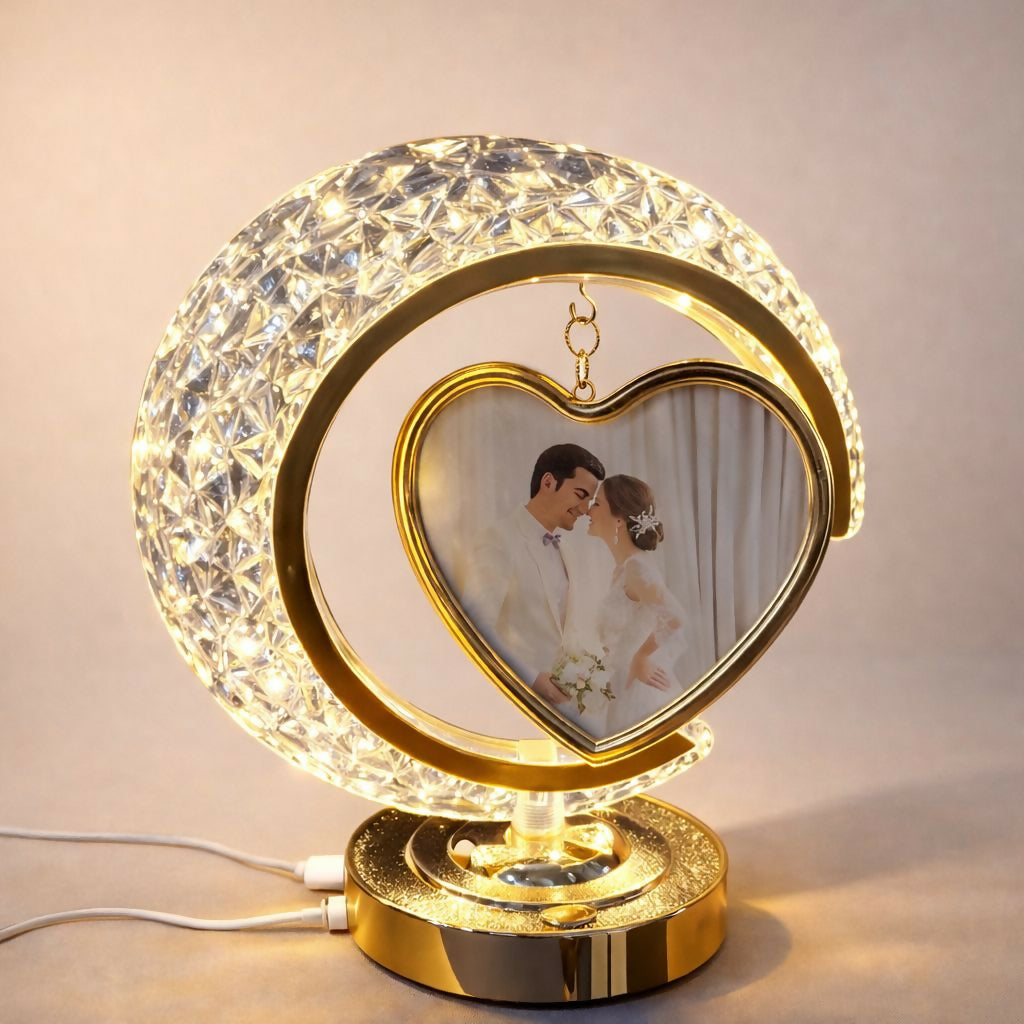 LED Crystal Heart Photo Frame Lamp with Decorative Base | Table Night Light