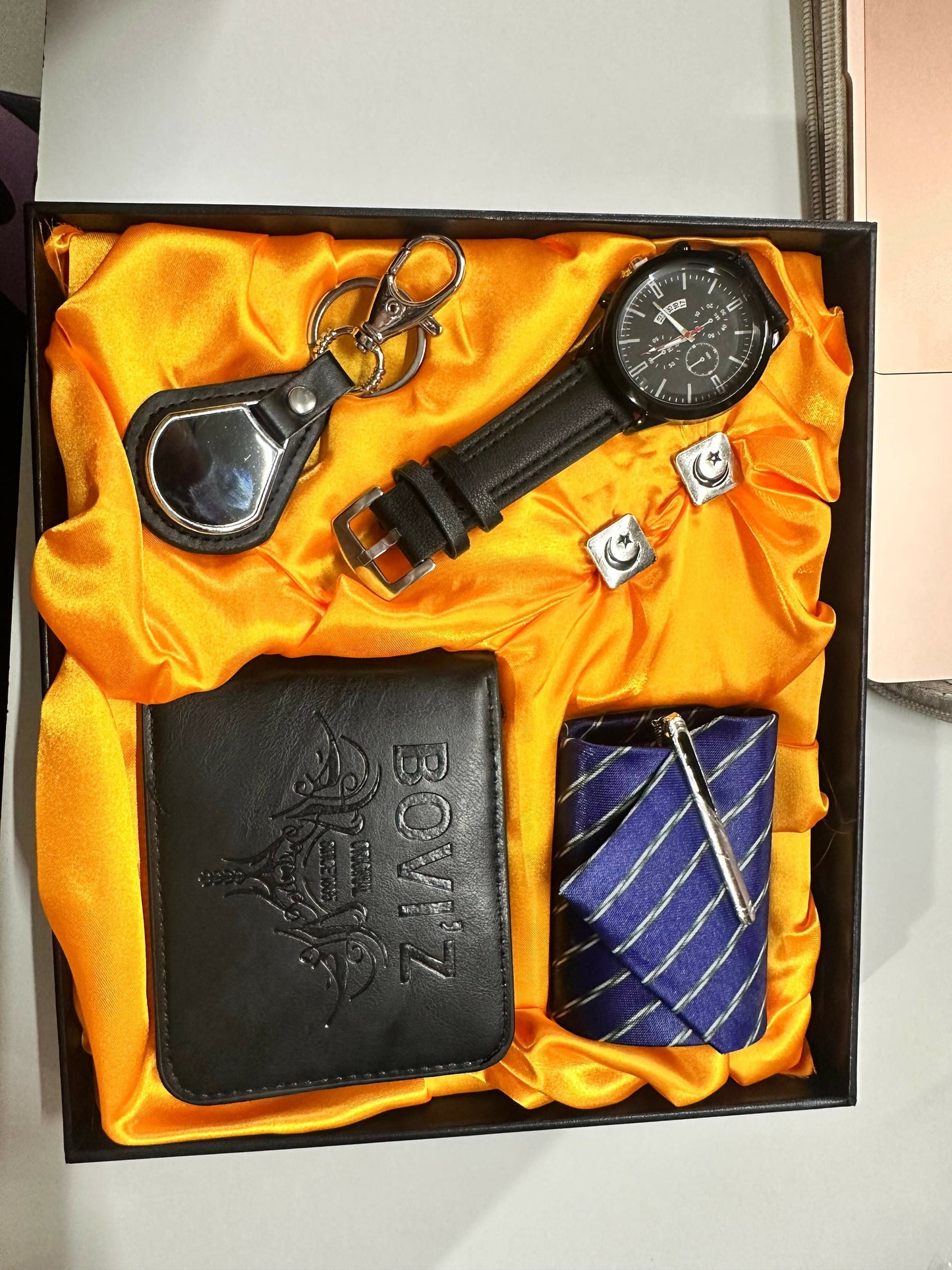 BOVIZ Premium 6-in-1 Menâ€™s Gift Set with Wallet, Wrist Watch, Tie with Pin, Cufflinks, and Keychain | Luxury Formal Accessory Combo for Men | Ideal for Birthday, Anniversary, Festive & Corporate Gifting
