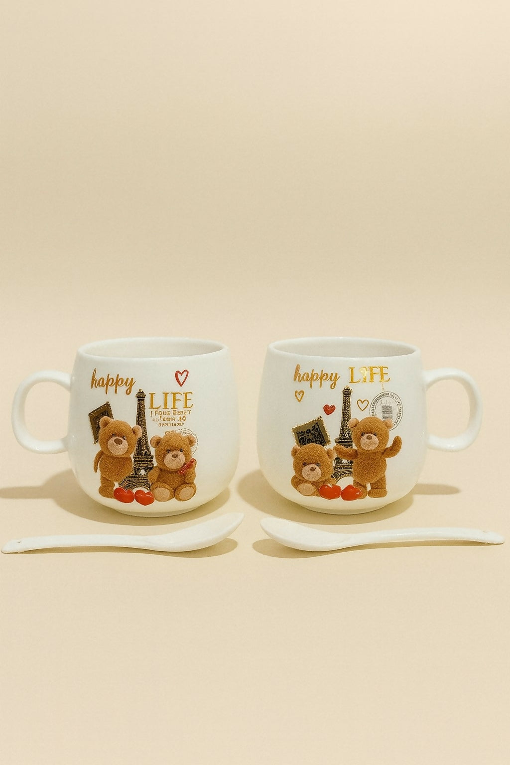 Teddy Bear Couple Ceramic Mug Set with Spoons â€“ Gift for Couples