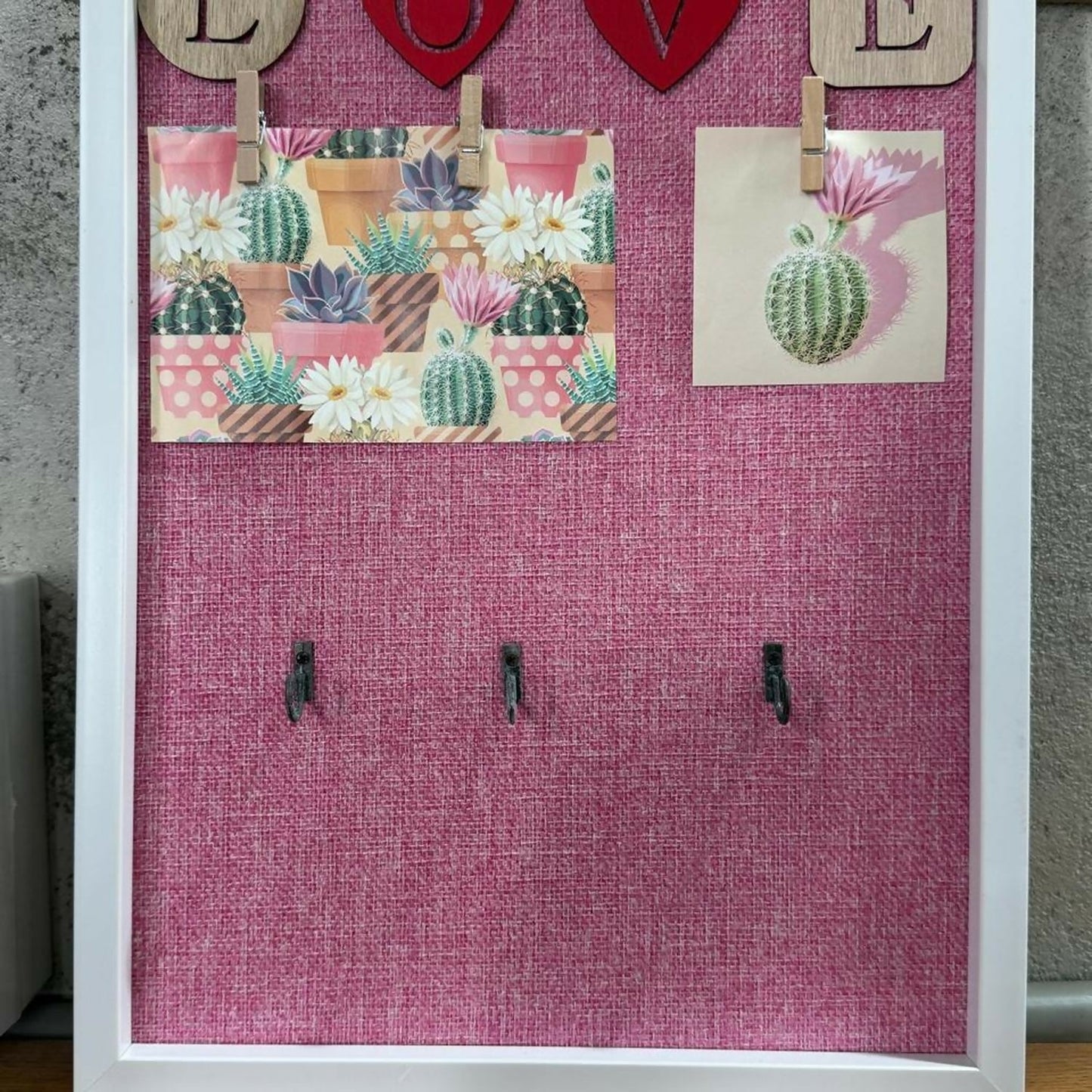 Decorative Wooden Wall Hanging Key Holder with 3 Hooks, Love Lettering & Cactus Print â€“ Stylish Wall Organizer for Home, Bedroom & Living Room â€“ Modern Wall DÃ©cor Key Hanger Frame (Pink, White Frame)