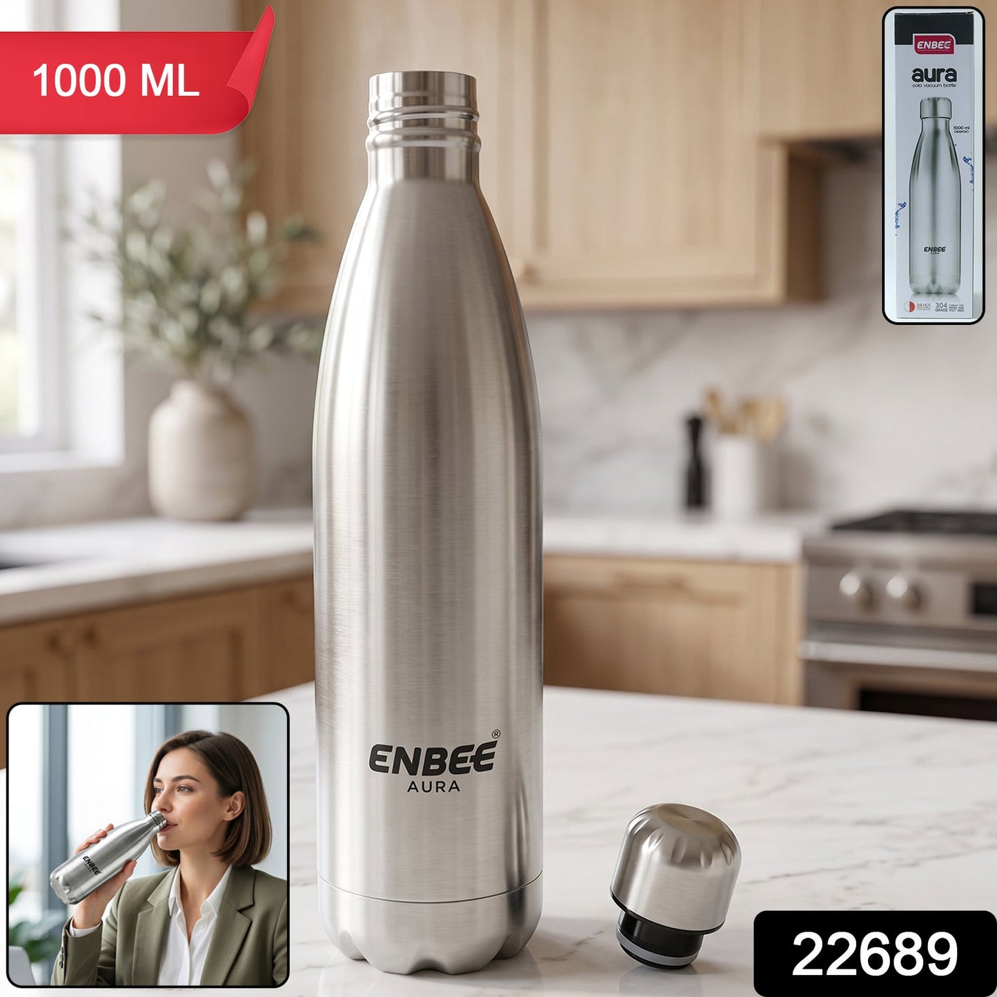 ENBEE Aura Stainless Steel Insulated Water Bottle (1 Pc, 1000 ML)