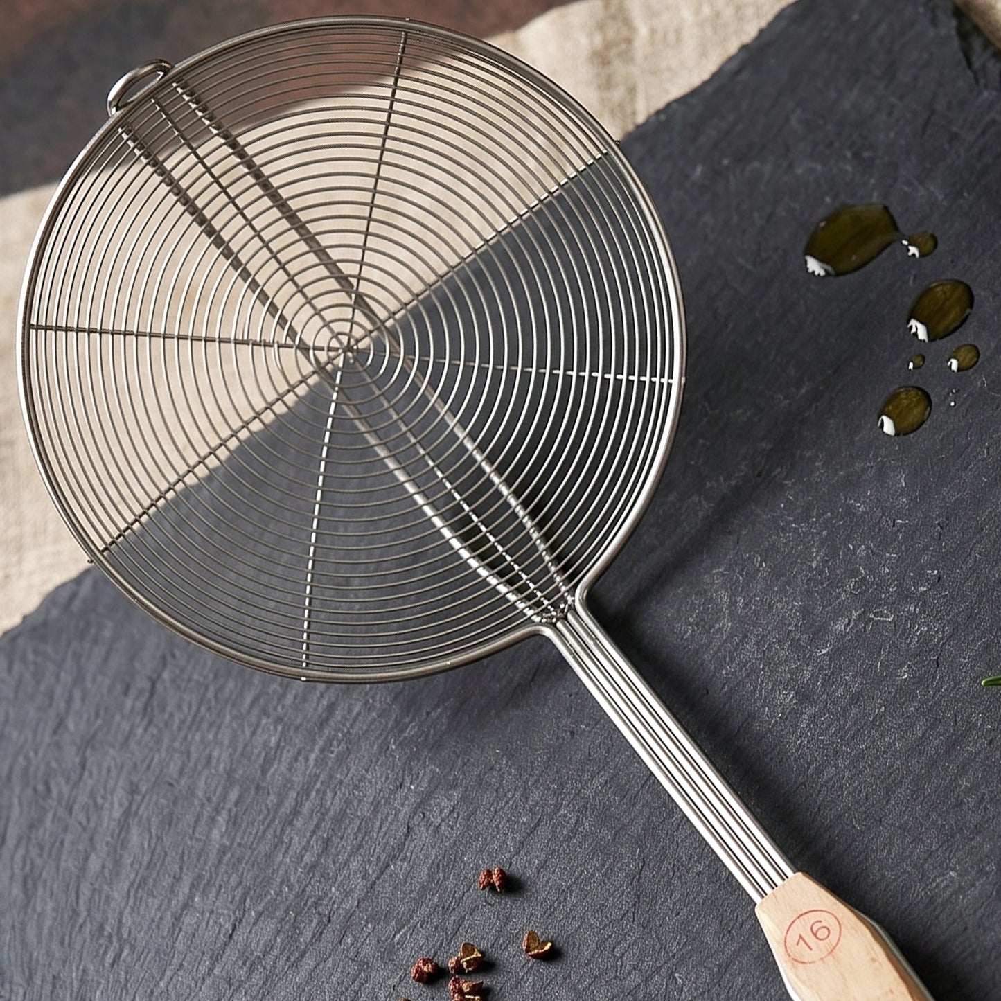 Stainless Steel Frying Skimmer Strainer with Wooden Handle (1 Pc, 45 Cm)