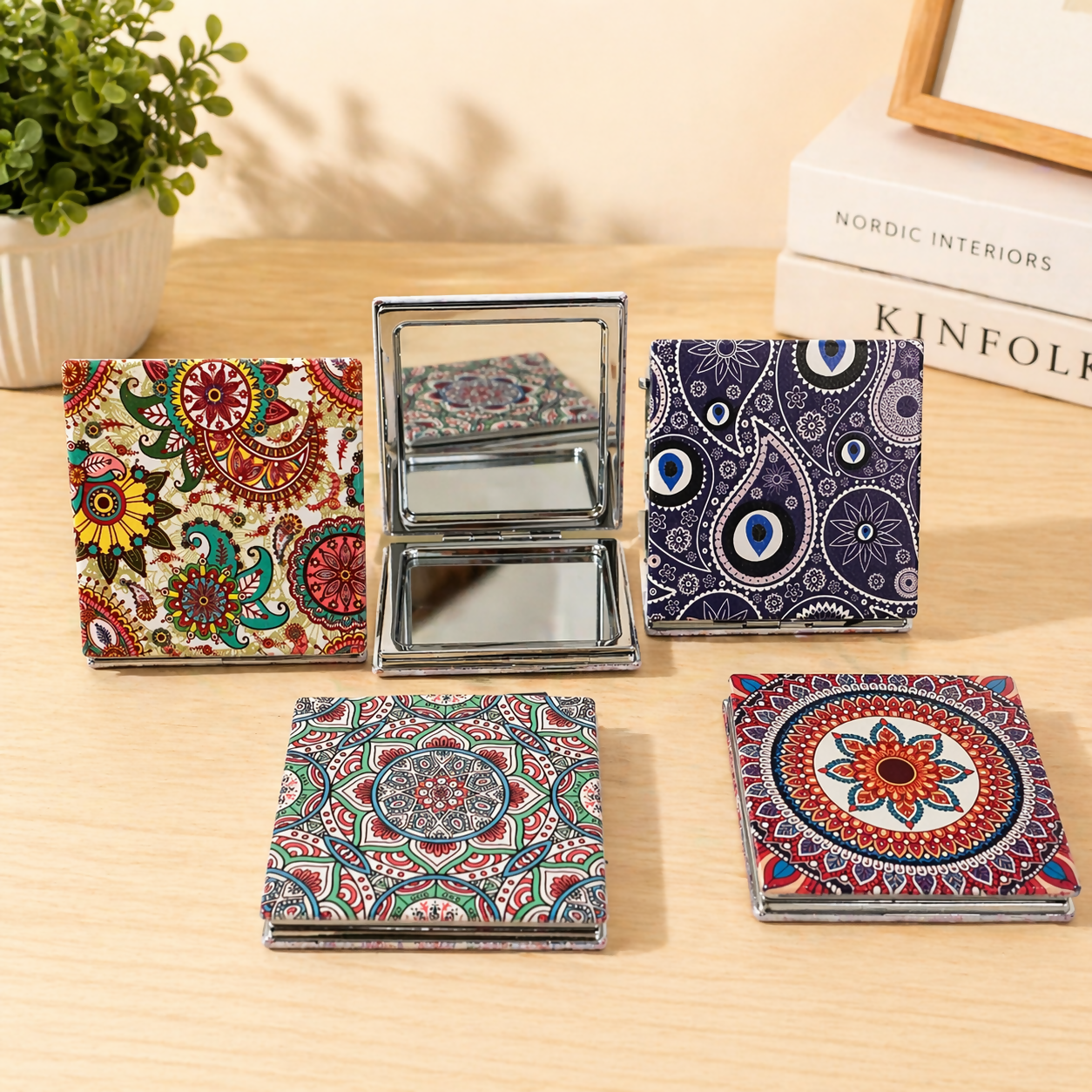Pocket Size Folding Mirror Compact Makeup Mirror with Designer Cover (Mix Any One)