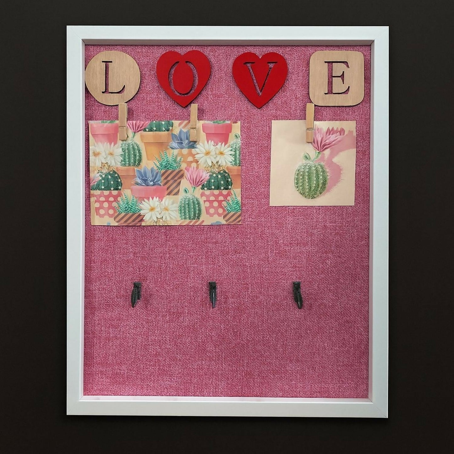 Decorative Wooden Wall Hanging Key Holder with 3 Hooks, Love Lettering & Cactus Print â€“ Stylish Wall Organizer for Home, Bedroom & Living Room â€“ Modern Wall DÃ©cor Key Hanger Frame (Pink, White Frame)