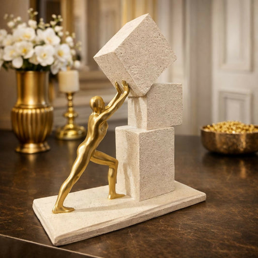 Abstract Human Figure Pushing Block Sculpture Home Decor (Color may vary)