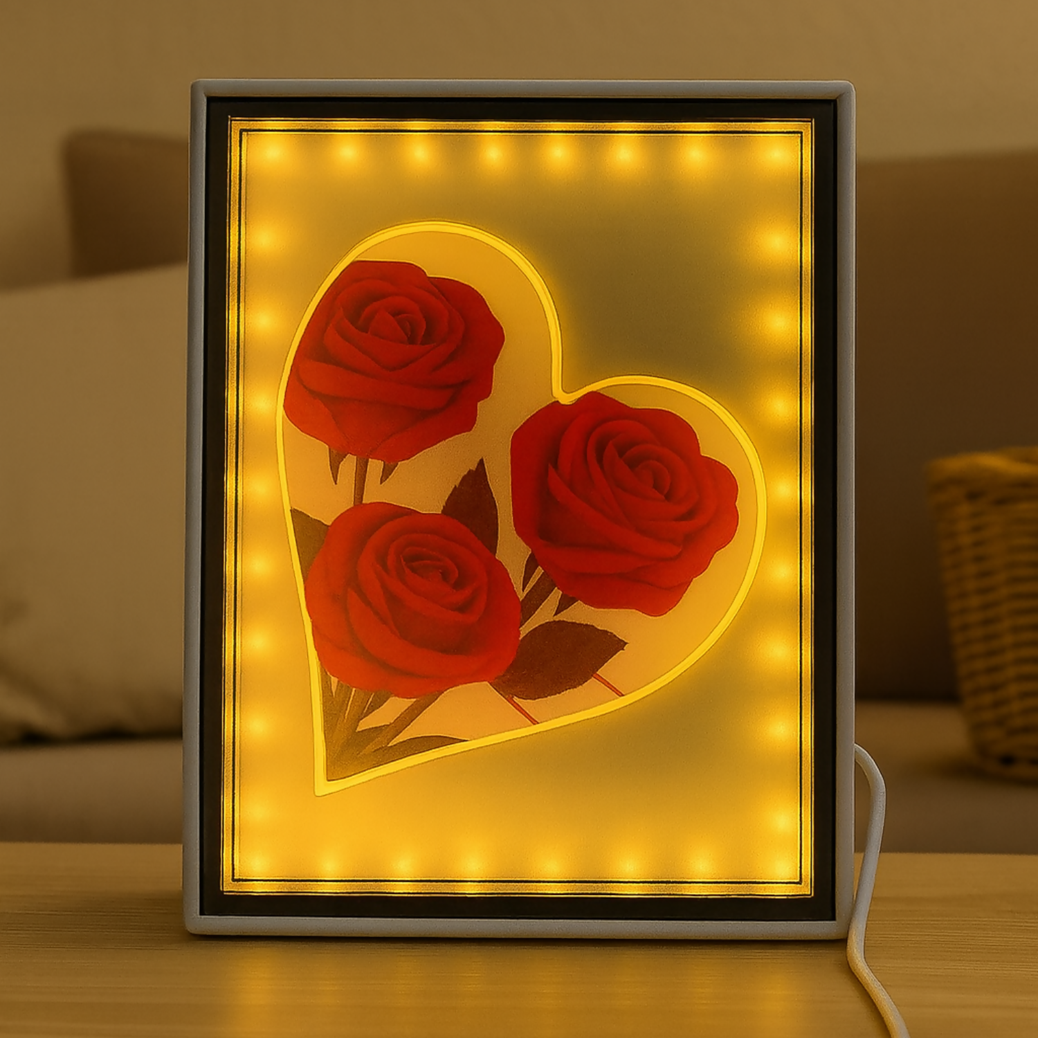 LED Rectangle Photo Frame with Heart and Red Roses Design