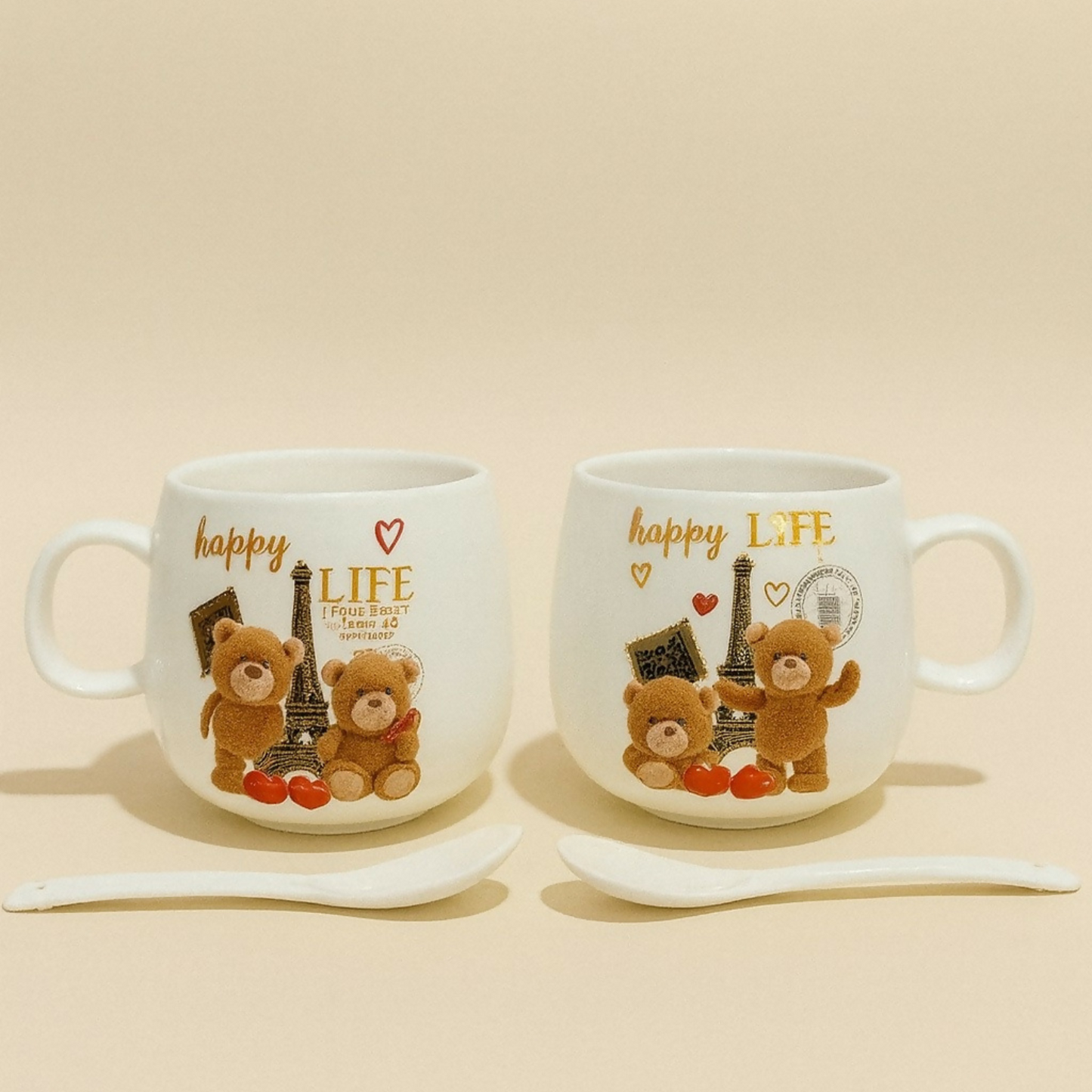 Teddy Bear Couple Ceramic Mug Set with Spoons â€“ Gift for Couples