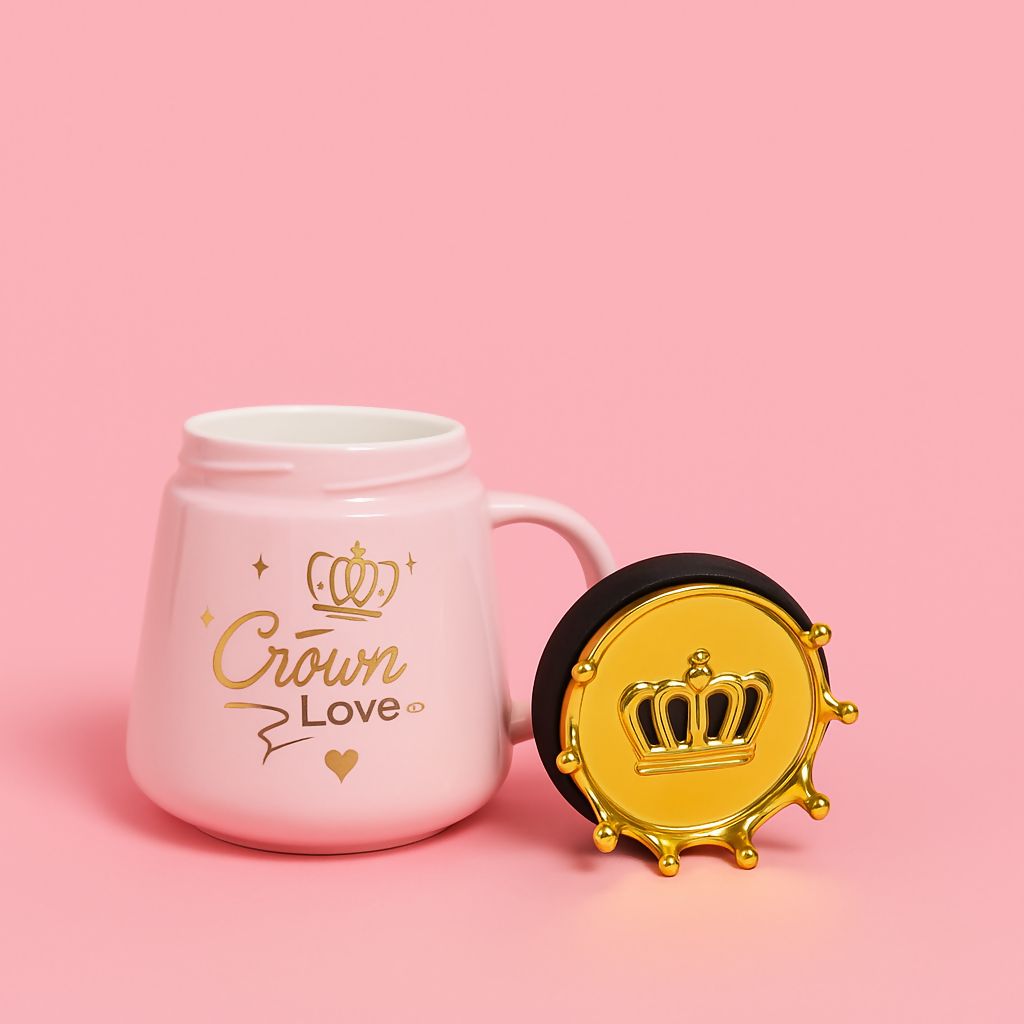 Pink Ceramic â€œCrown Loveâ€ Mug with 3D Golden Crown Lid