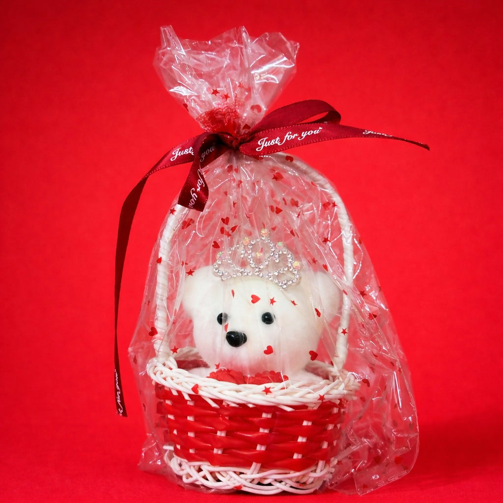 Red Cute Teddy Gift Basket with Crown Decorative Showpiece