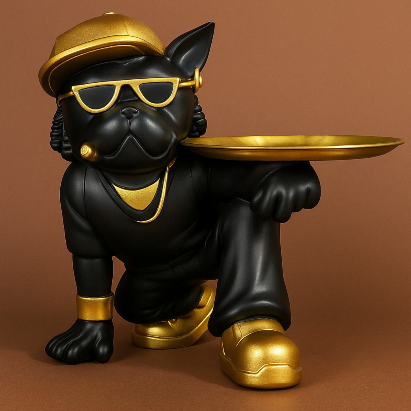 Luxury Black & Gold Bulldog Butler Figurine with Tray â€“ Stylish Resin Dog Showpiece Wearing Cap & Sunglasses â€“ Funky Modern Art Decorative Tray Stand for Keys, Coins & Snacks â€“ Premium Home & Office DÃ©cor Gift