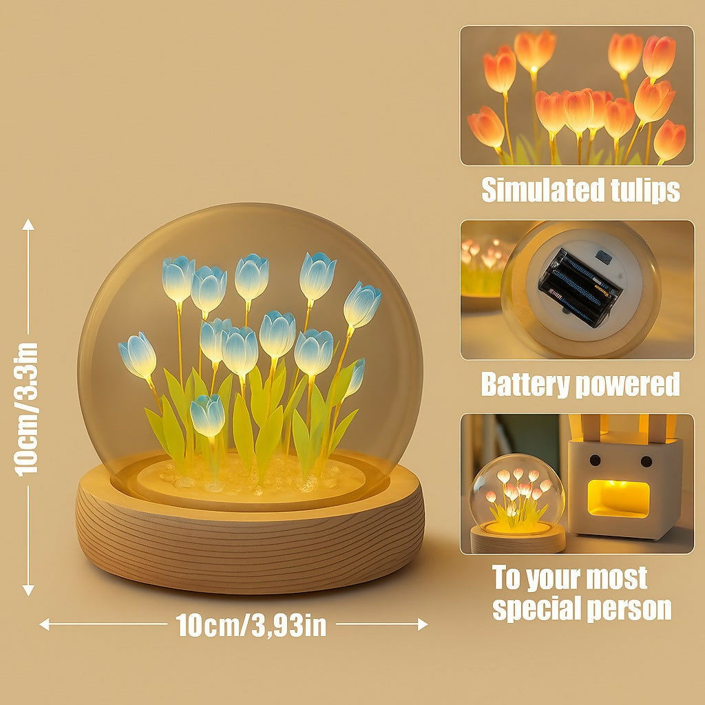 LED Blue Tulip Flower Dome Lamp with Wooden Base for Home Decor